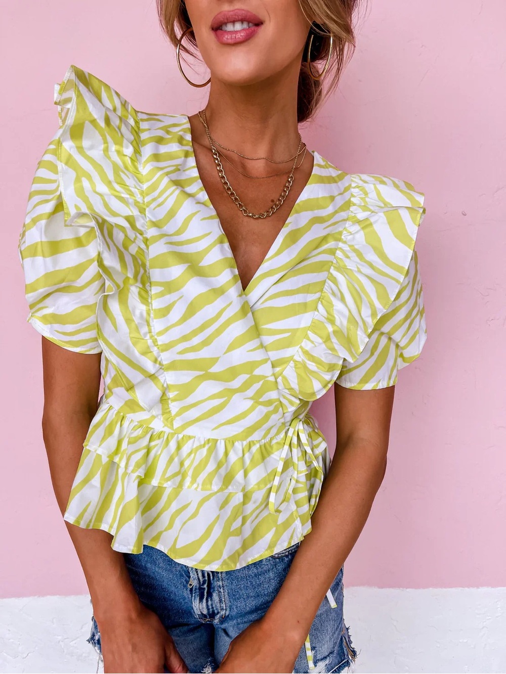 Skies Are Blue Lime Zebra-Print Ruffle Wrap Top
